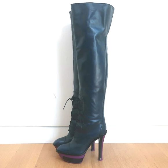 Louis Vuitton Lace-Up Thigh High Platform Boots Navy Leather Size 39 - Picture 5 of 12